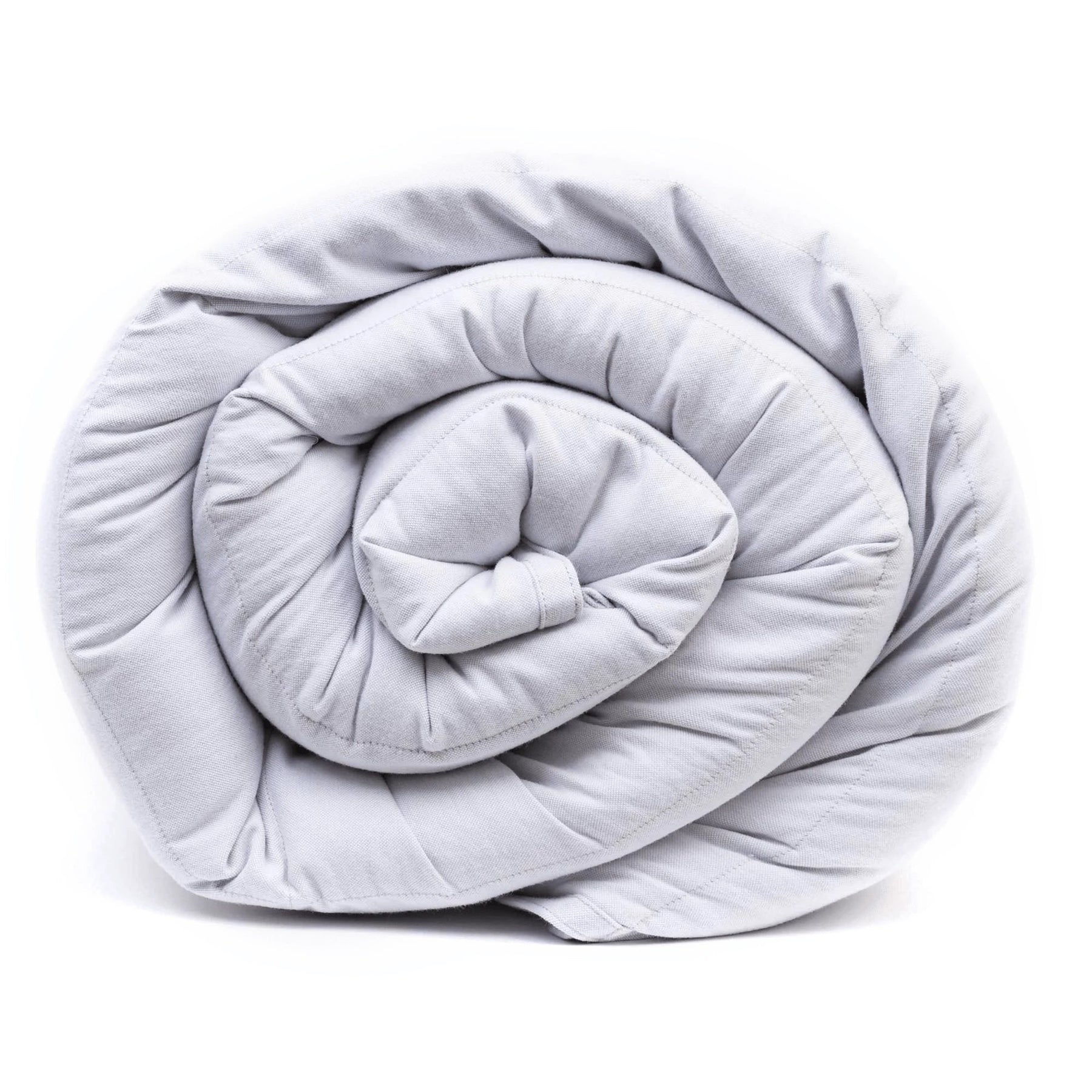 Front view of a rolled pearl gray Coolmax weighted blanket showing quilted pockets