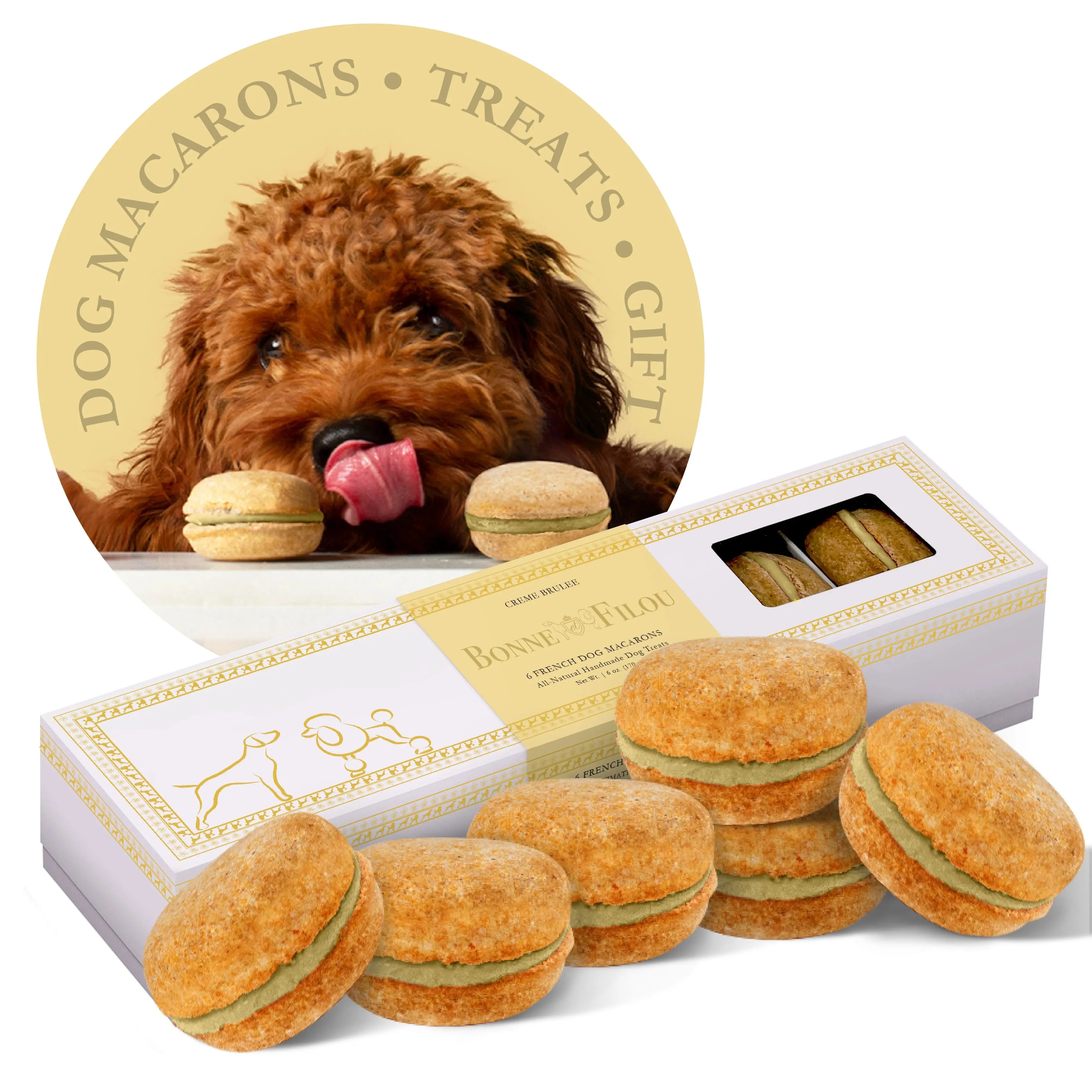 Crème brûlée dog macarons showing their baked shells and filling