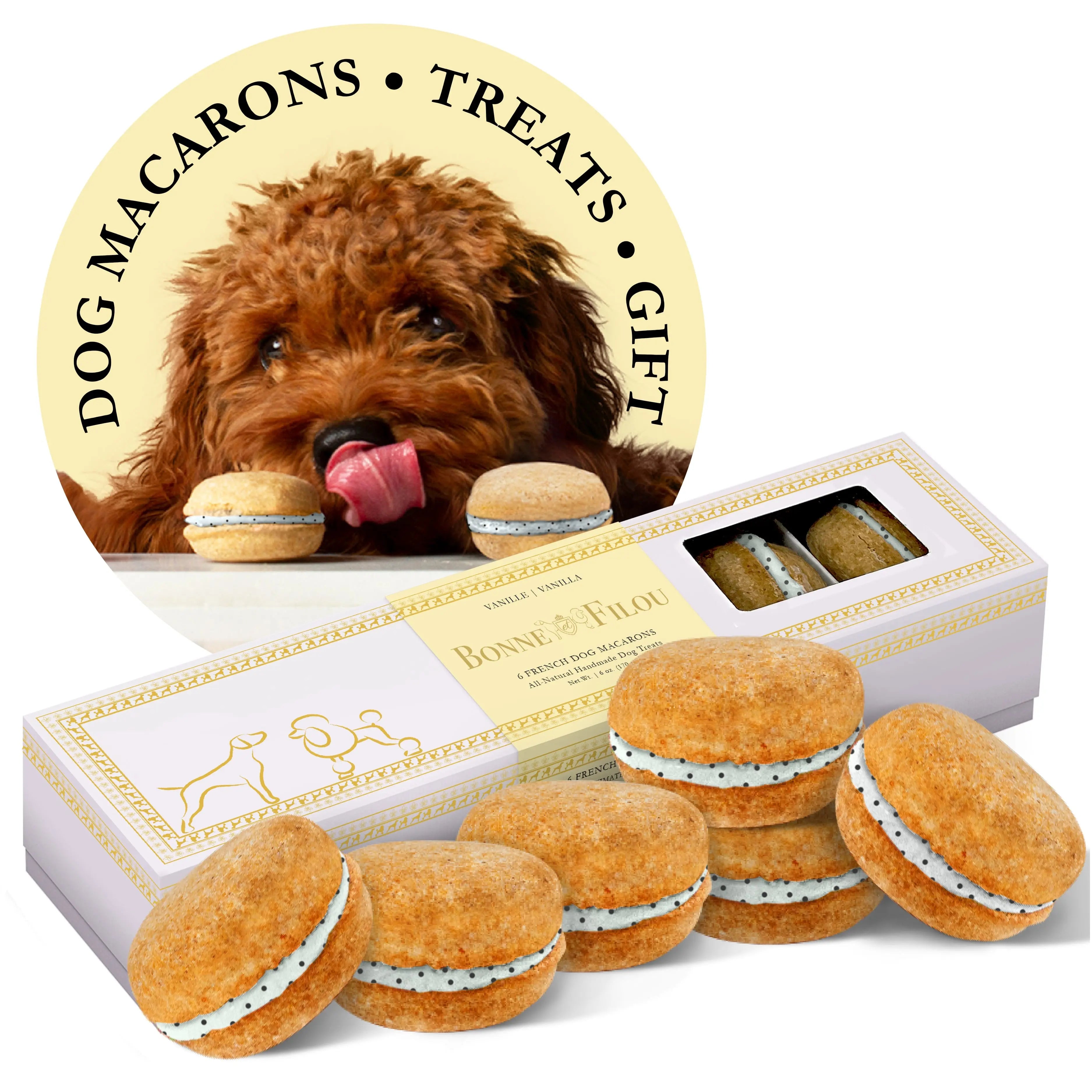 Vanilla dog macarons with their gift box