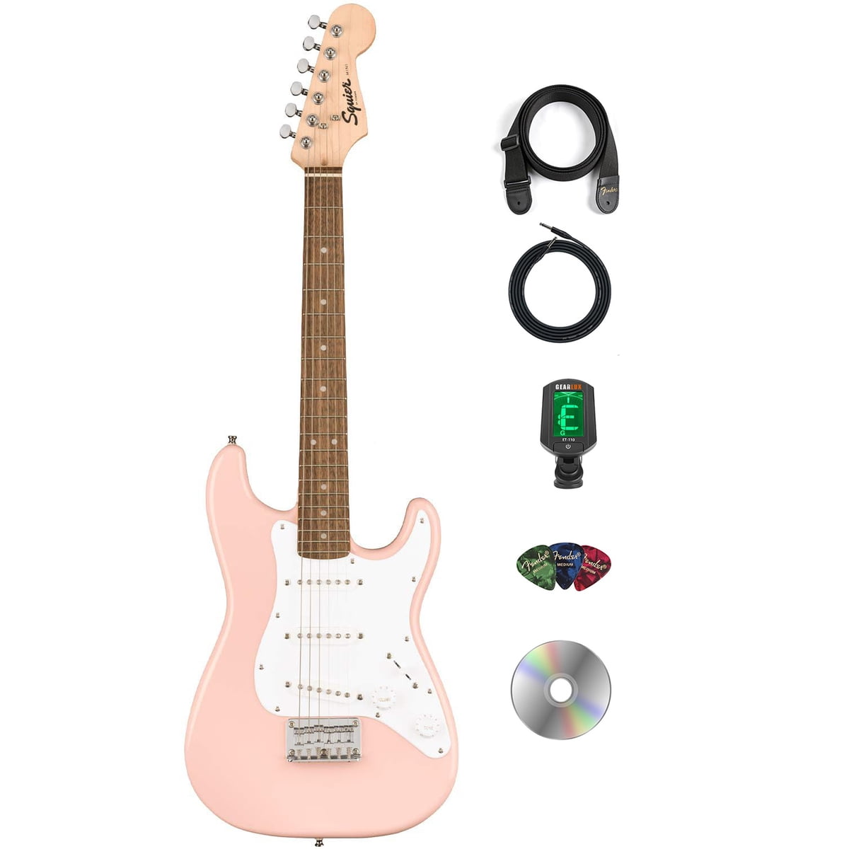 Shell Pink Squier Mini Stratocaster with beginner bundle accessories