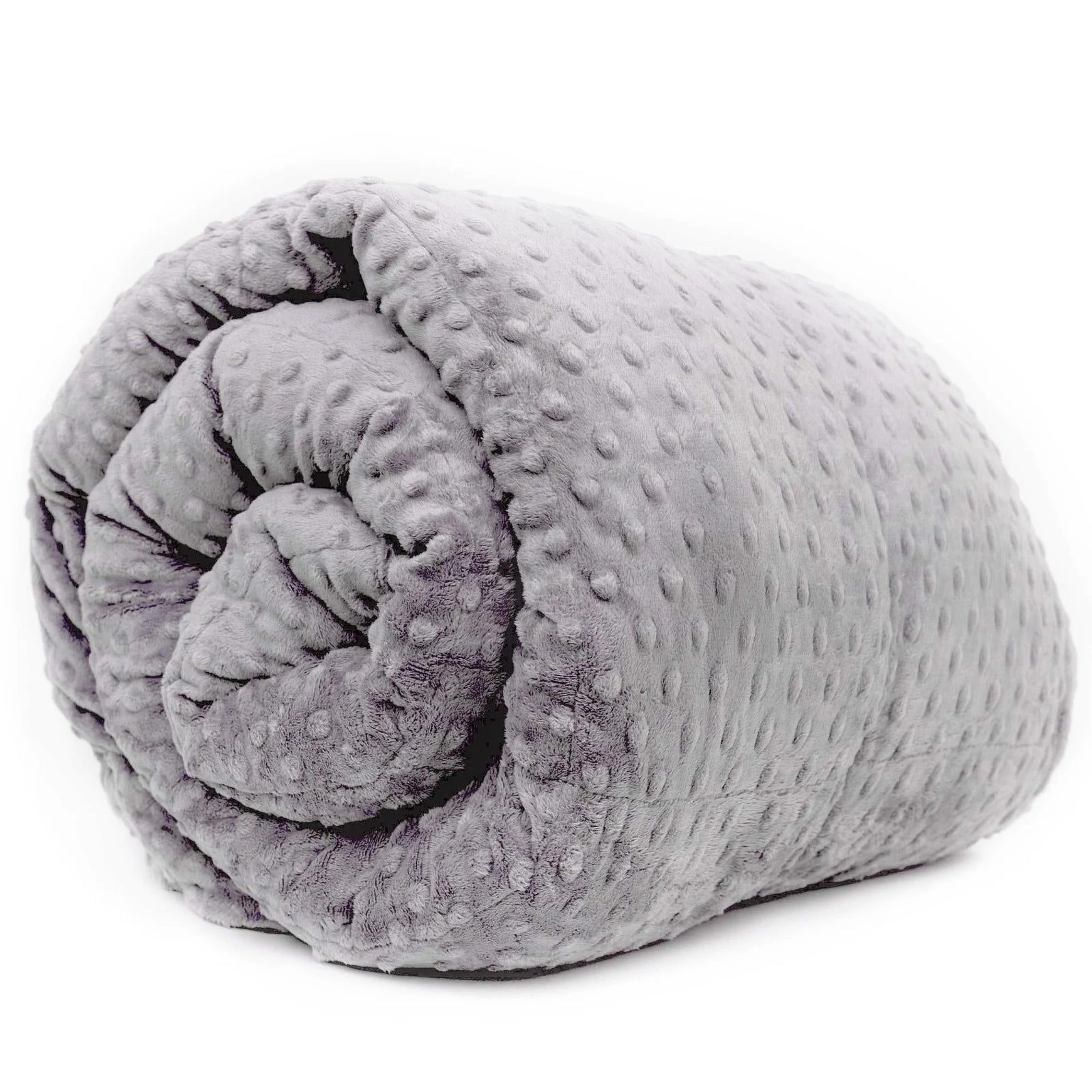 Rolled grey Minky Weighted Blanket showing its soft textured fabric