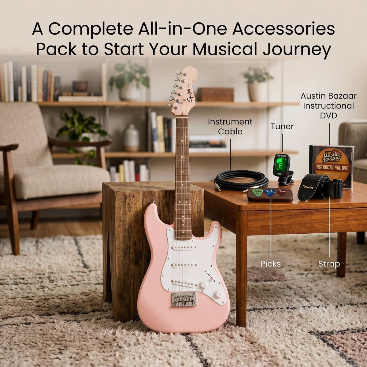 Squier Mini Stratocaster bundle with cable, tuner, strap, picks and instructional disc