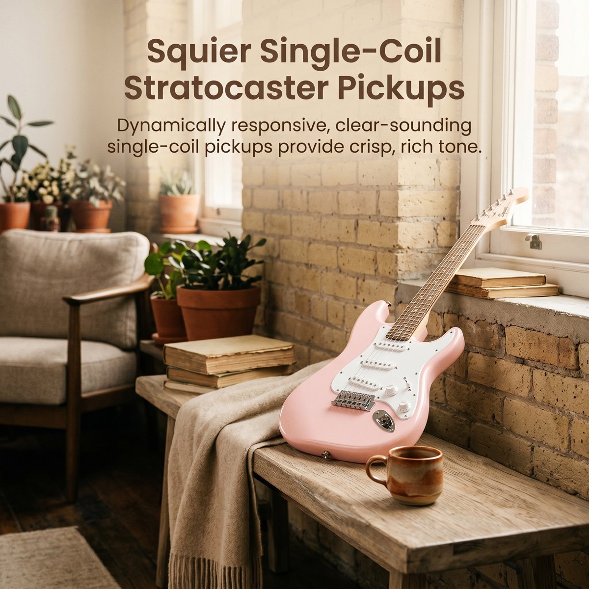 Shell Pink Mini Stratocaster showing its three pickups and controls