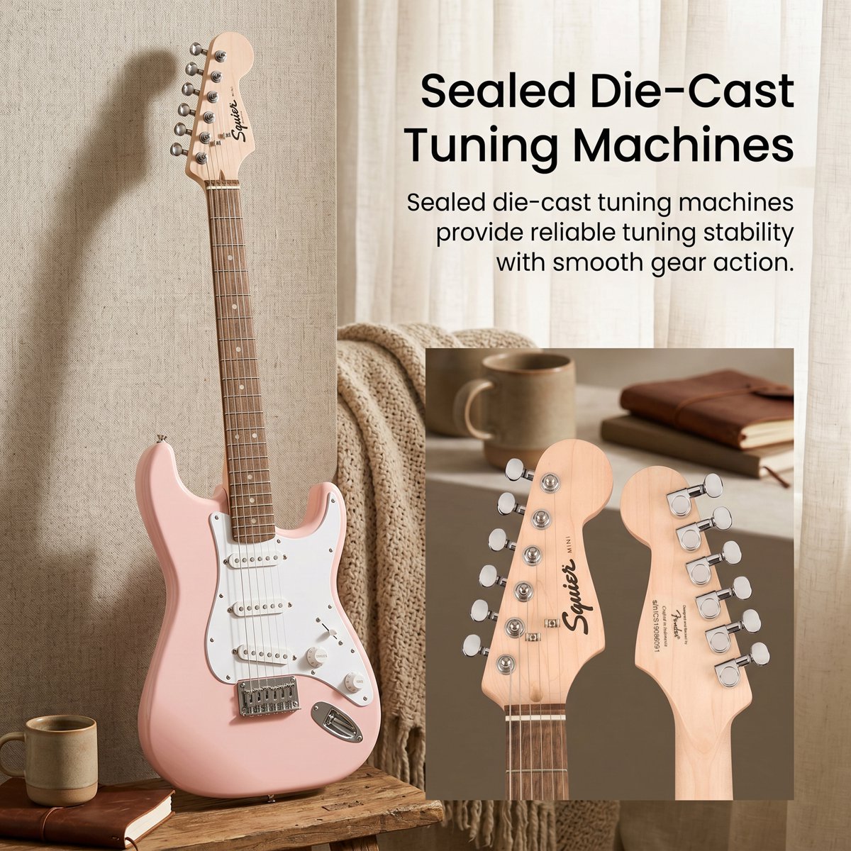 Detail of the Squier Mini Stratocaster neck and body